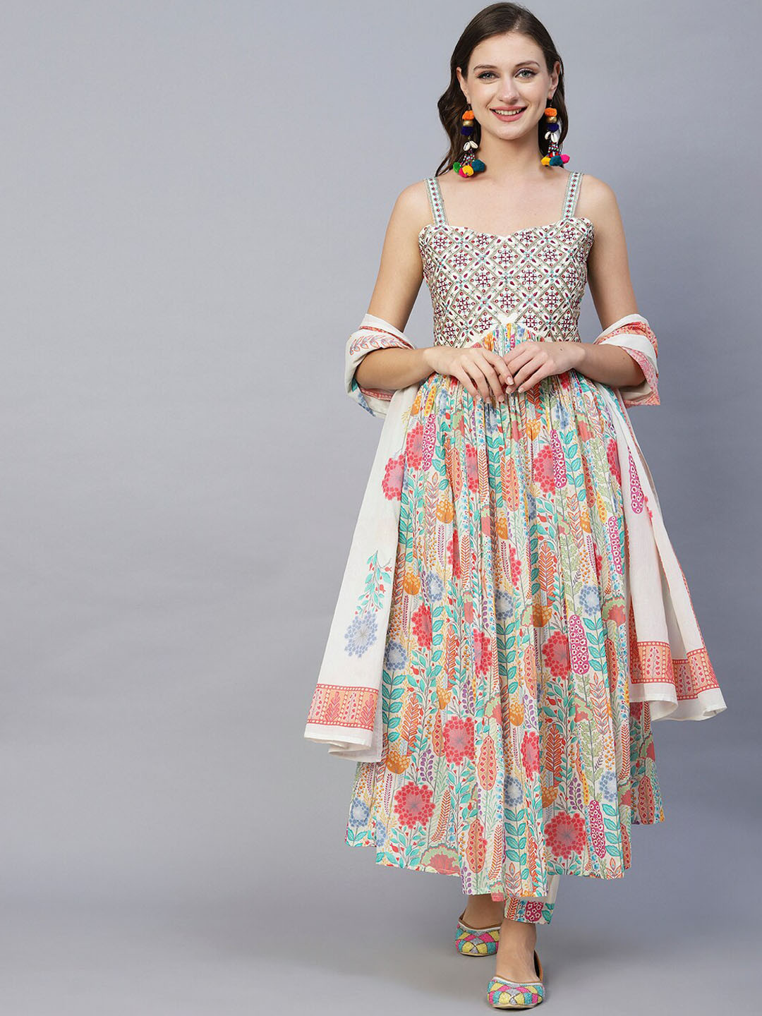 FASHOR Blue Floral Printed Pleated Pure Cotton Kurta & Trousers With Dupatta