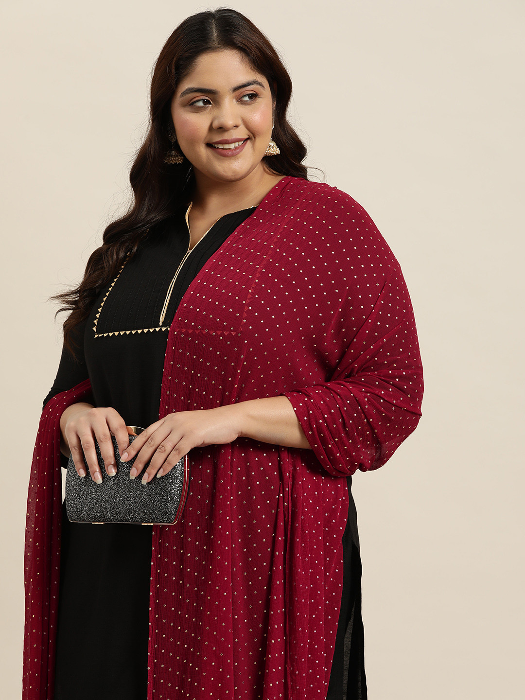 Sztori Printed Silk Chiffon Dupatta with Beads & Stones Detail