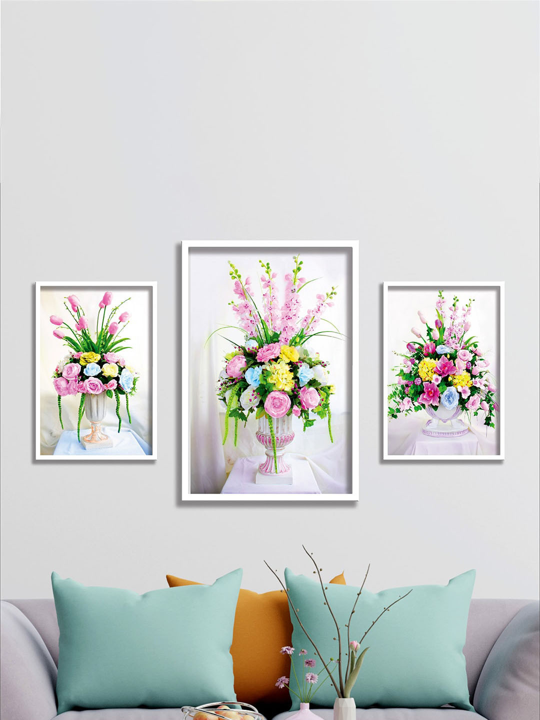 SAF White 3-Pieces Flower Pot Printed Framed UV Coating Wall Art