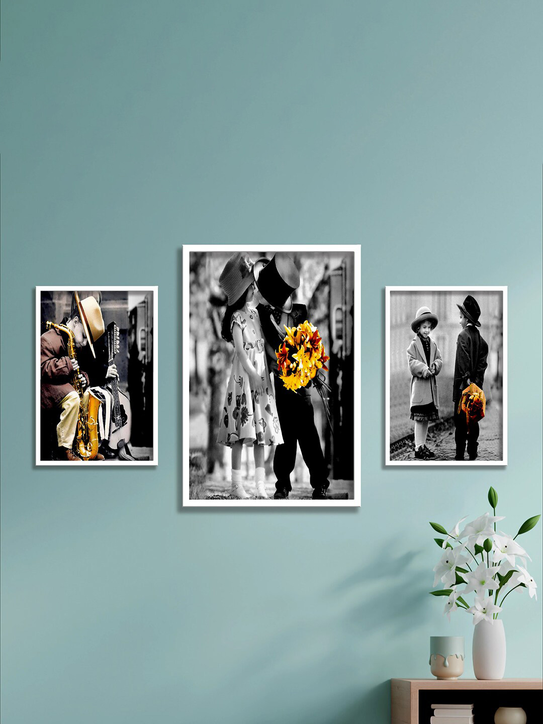 SAF Kids Couple Canvas 3 Piece Wall Rectangle Paintings Wall Art - 34.5 x 19.5 In