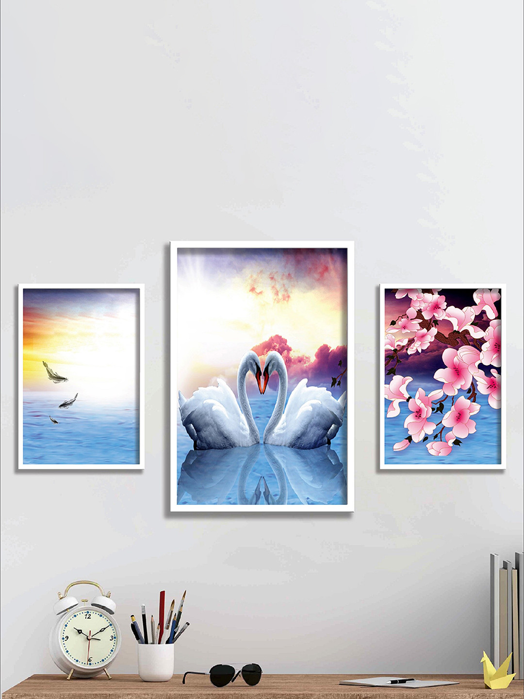 SAF Blue & Pink 3 Pieces Flamingo Framed Paintings Wall Arts