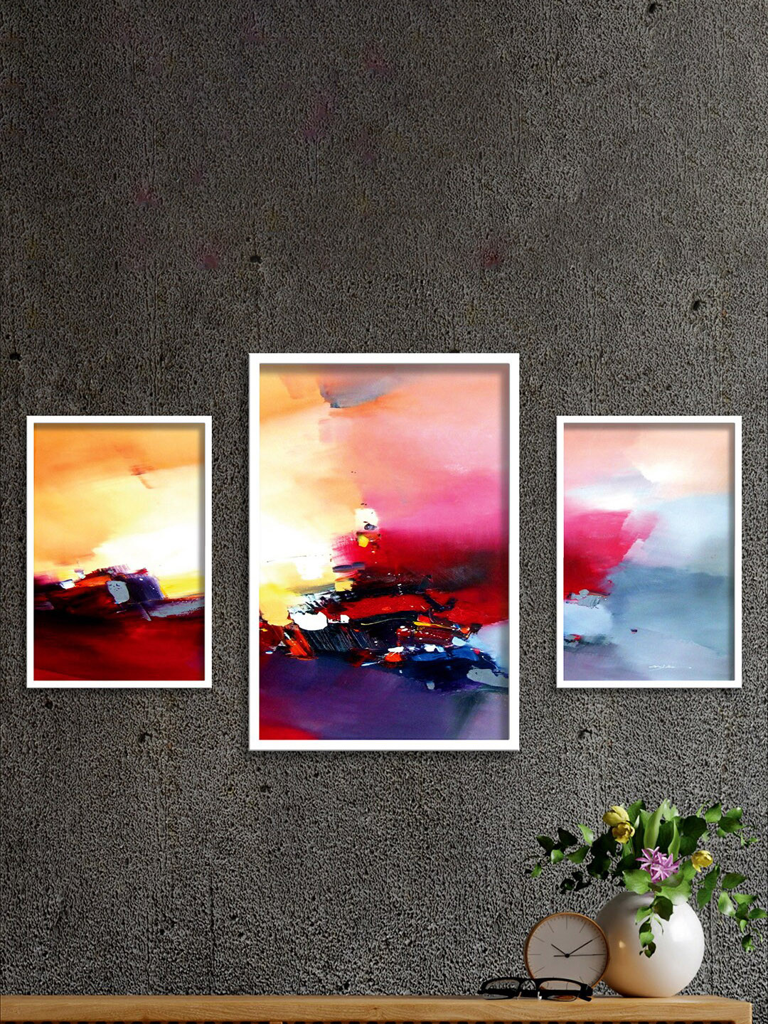 SAF Orange 3 Pieces Abstract Painting Wall Art