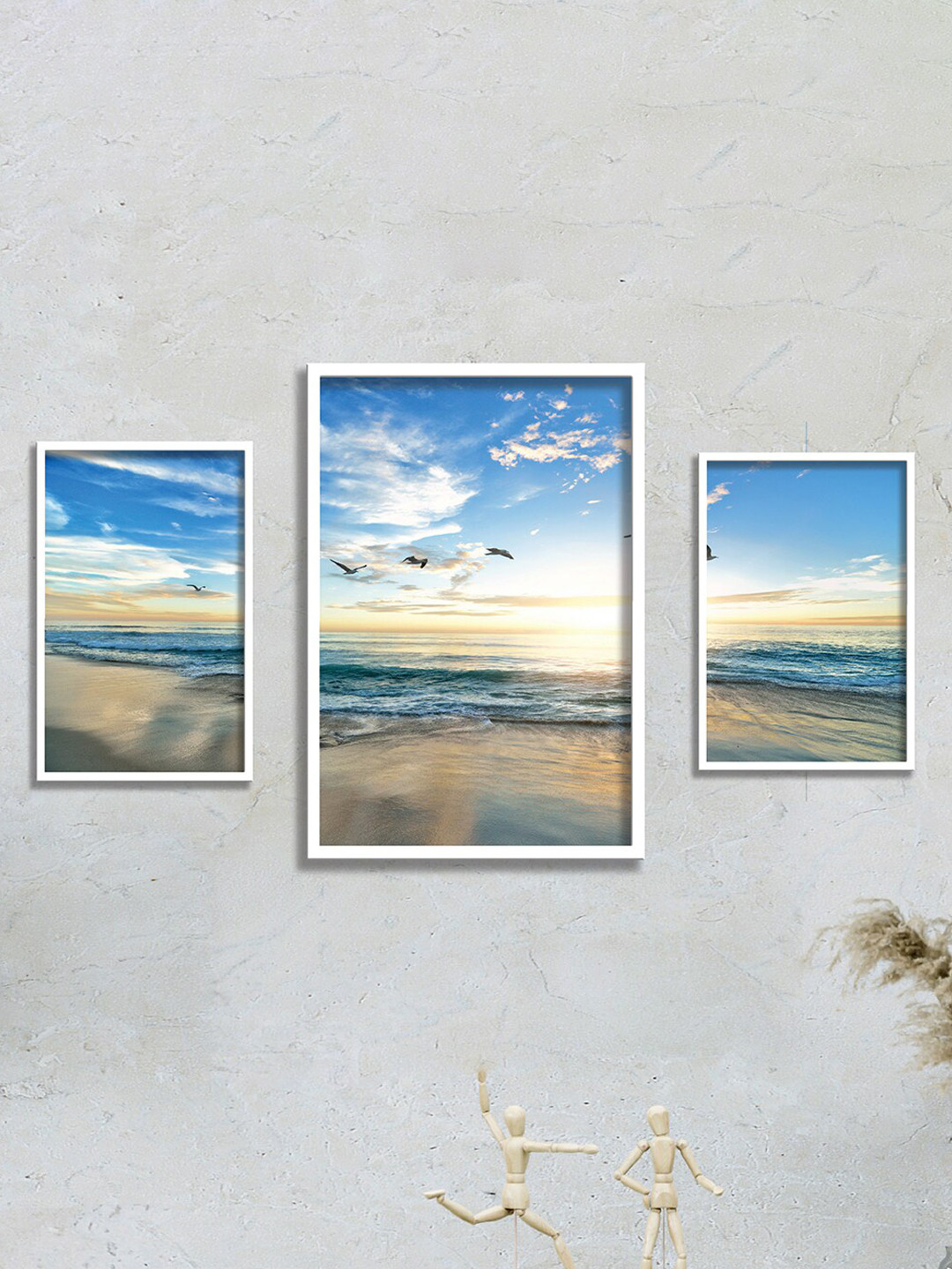 SAF Blue & White 3-Pieces Modern Art Printed Framed UV Coating Wall Art