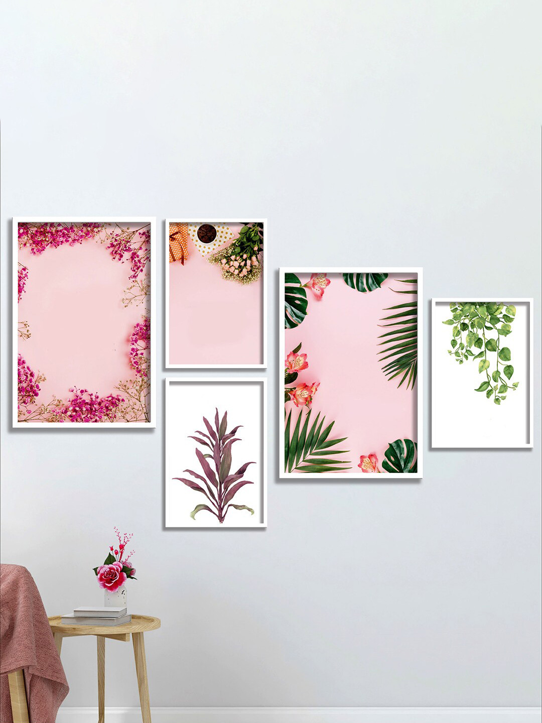 SAF Pink & Green Floral 5-Pieces Floral Theme Framed Printed Wall Painting