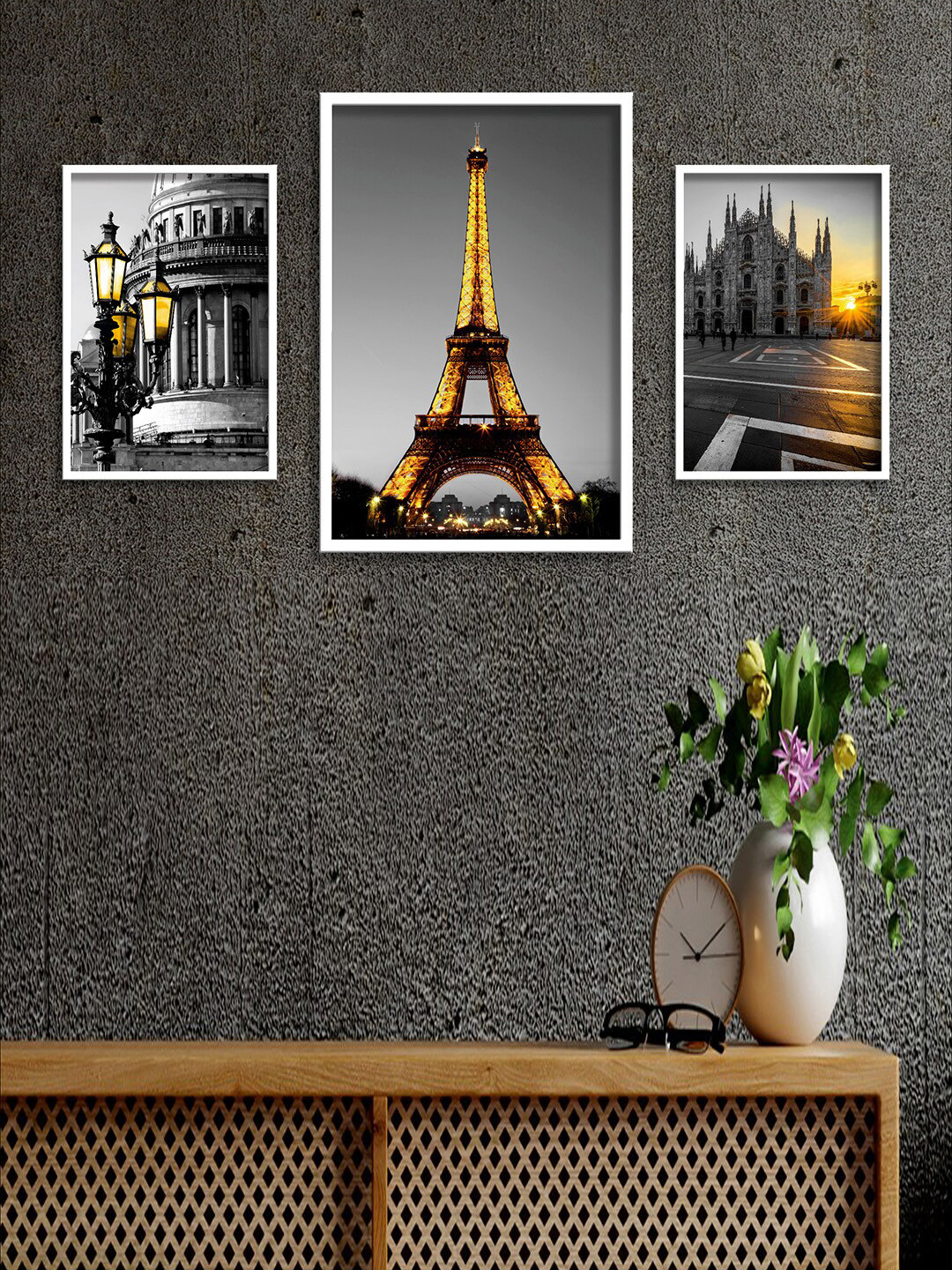 SAF Black & Grey 3 Pieces Eiffel Tower Painting UV CoatingWallArt