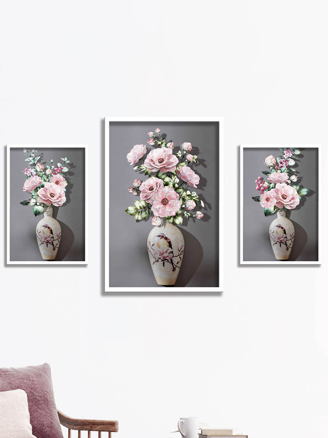 SAF Flower Pot Wood 3 Piece Wall Rectangle Paintings Wall Art