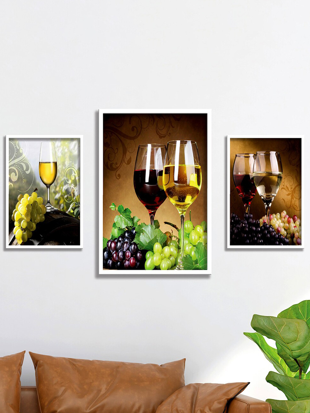 SAF White & Brown 3 Pieces Wine Glass Framed Painting Wall Art