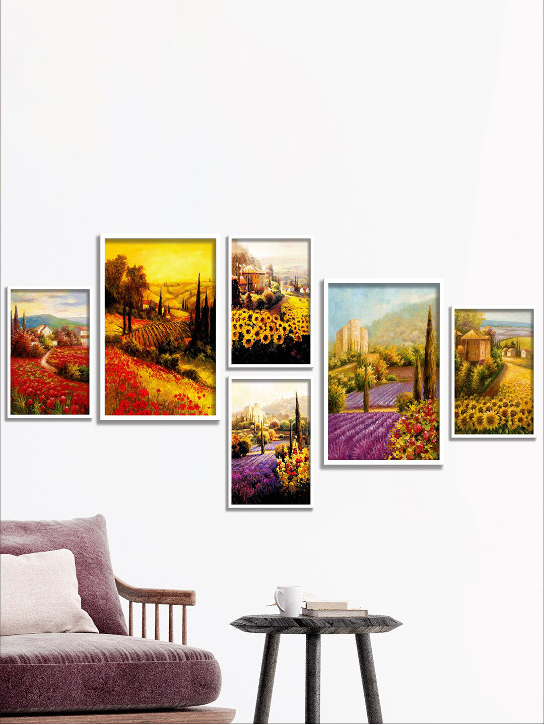 SAF Yellow & Purple 6 Pieces Nature Theme Framed Painting Wall Arts