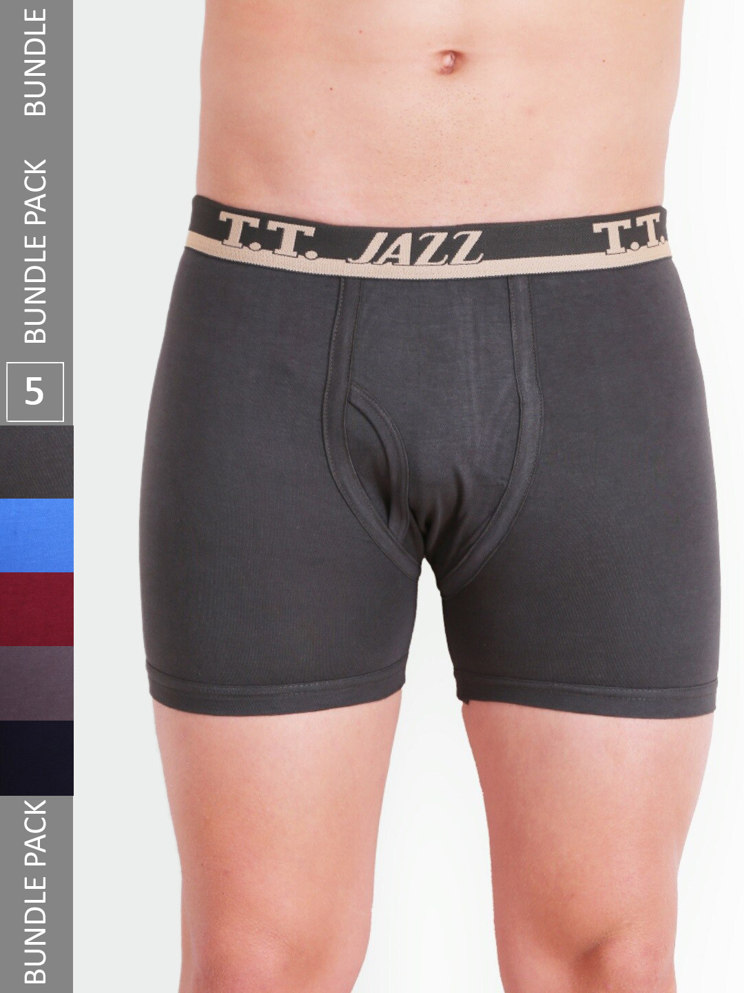 T.T. Men Jazz Top Elastic Pack Of 5 Pure Cotton Trunks JAZ_FL_TE_P5_MIX1_80