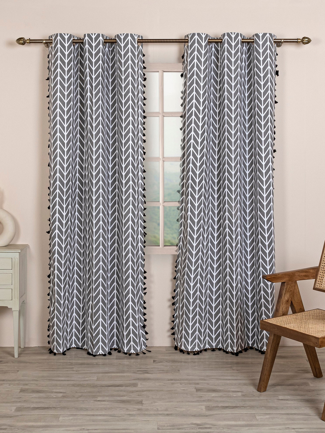 HOMEMONDE Pack of 2 Chevron Window Curtains With Tassels