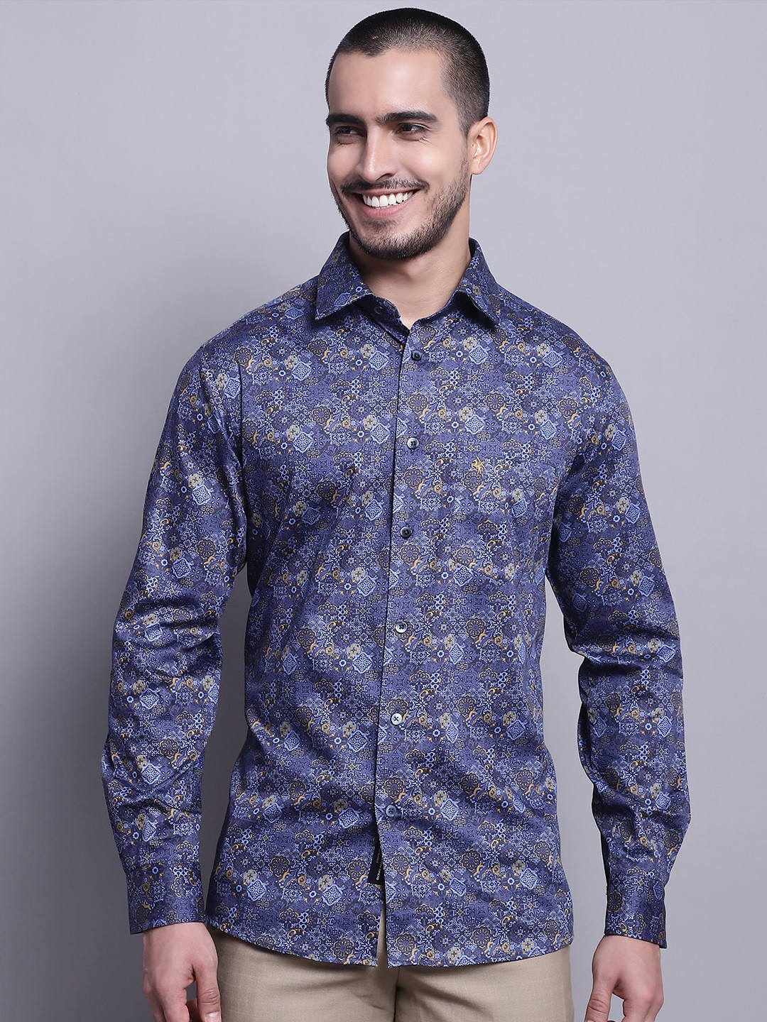 Cantabil Blue Comfort Opaque Printed Cotton Casual  Shirt