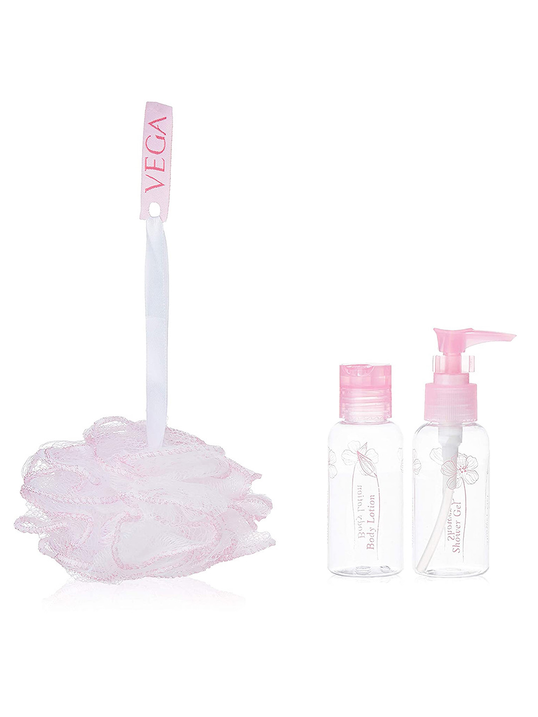 VEGA 3 Pcs Travel Kit - Refillable Storage Plastic Container Bottles & Bath Sponge VCP-12