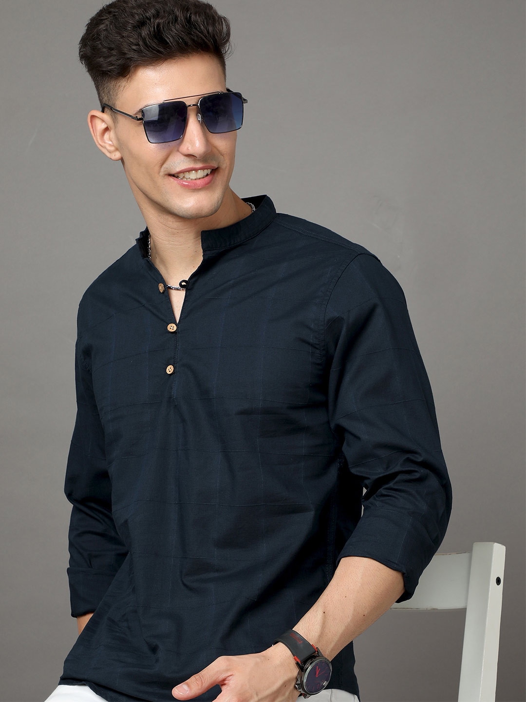 HERE&NOW Navy Blue Checked Opaque Checked Cotton Casual Shirt