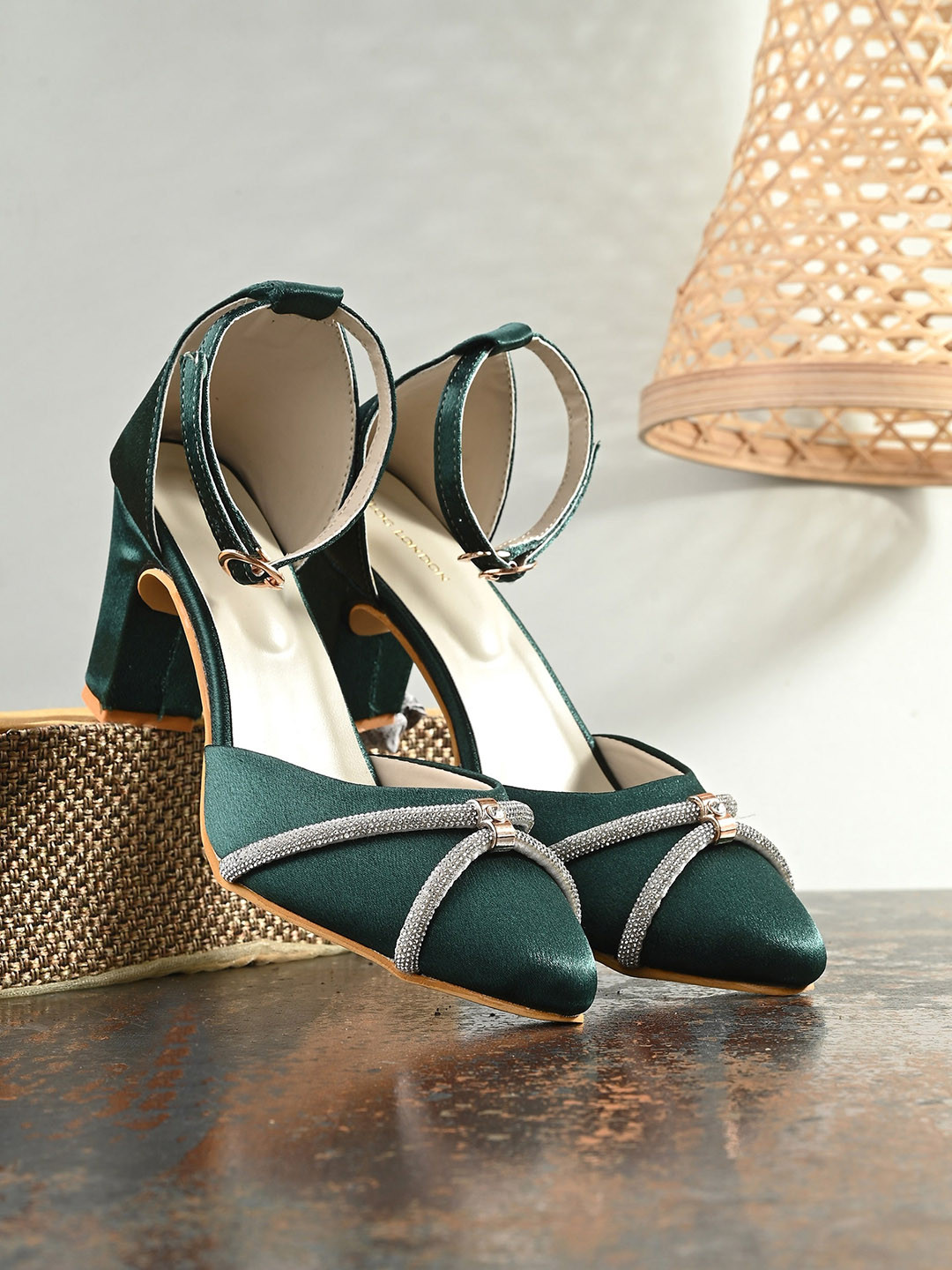 CLOG LONDON Pointed Toe Embellished Block Heels With Ankle Loop