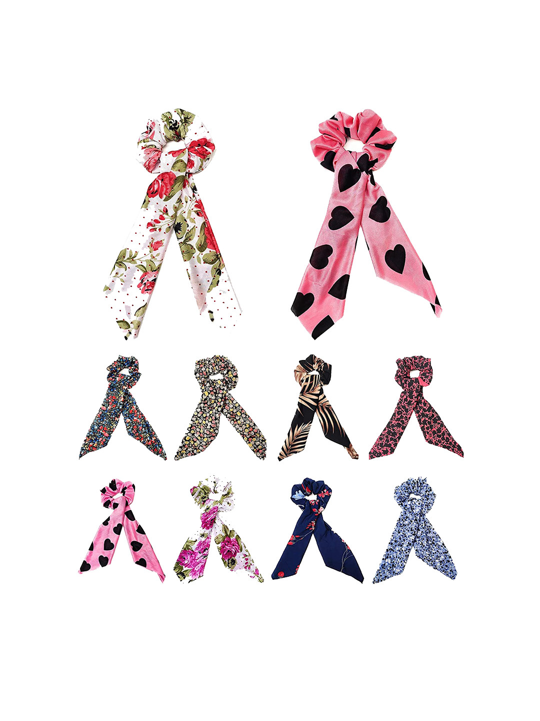 CHRONEX Set of 5 Floral Printed Chiffon Satin Ribbon Scarf Scrunchies Ponytail Holders