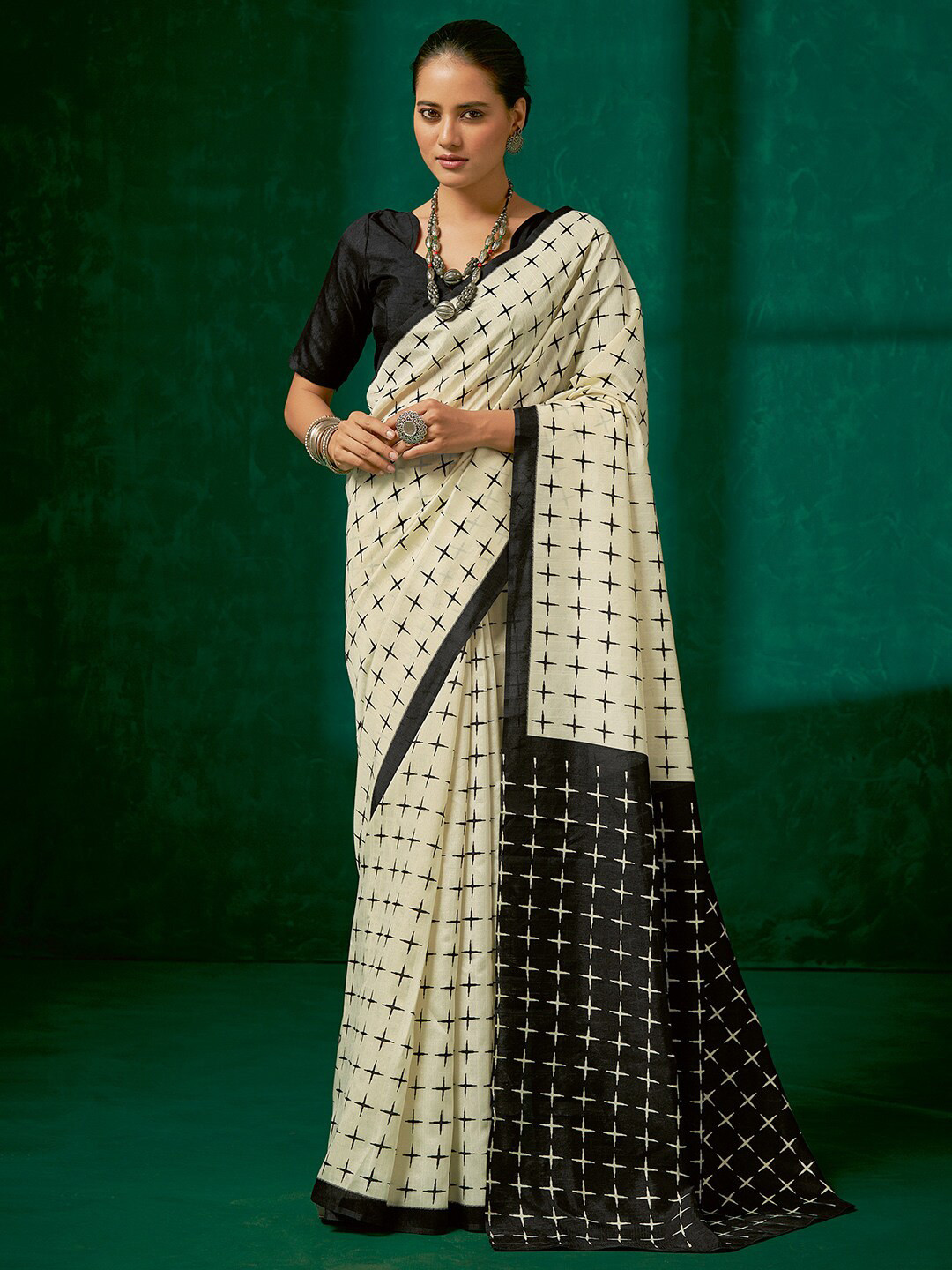 Mitera Off White & Black Geometric Block Print Saree