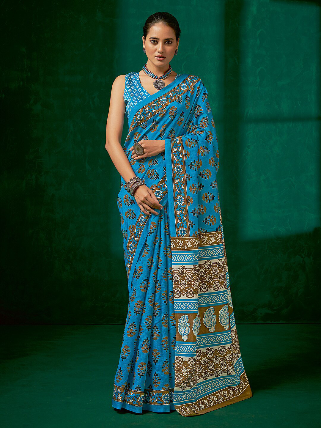 Mitera Blue & Brown Dabu Print Traditional Bagh Saree