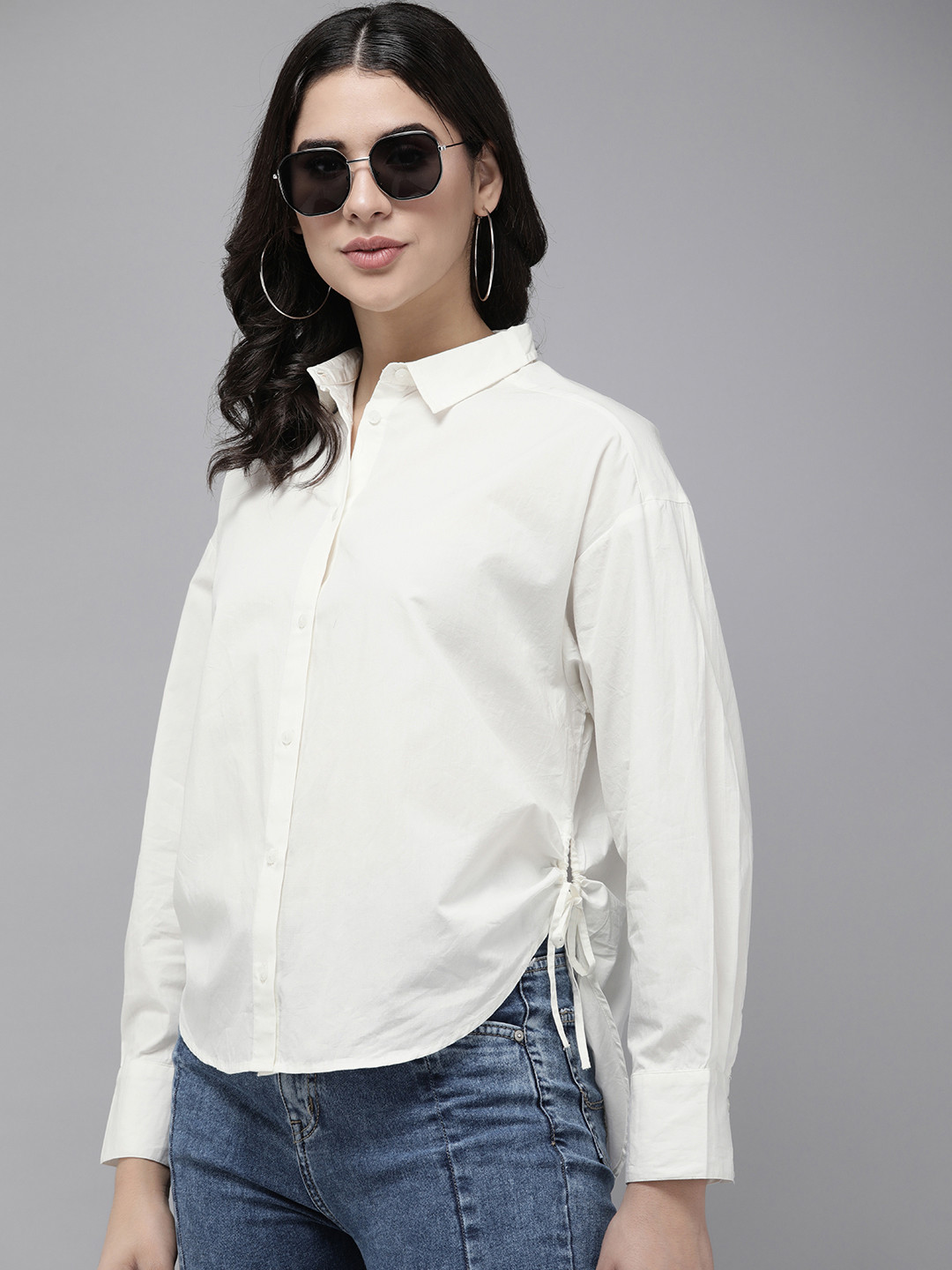 The Roadster Life Co. Solid  Cotton Casual Shirt With Side Ruched Tie-up Detail