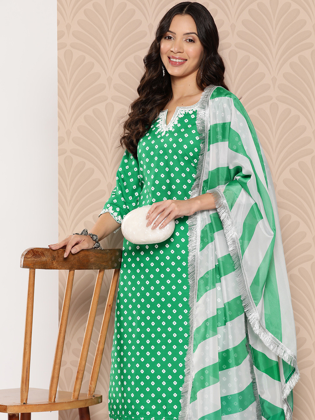 Varanga Bandhani Printed Sequinned Kurta with Palazzos & Dupatta