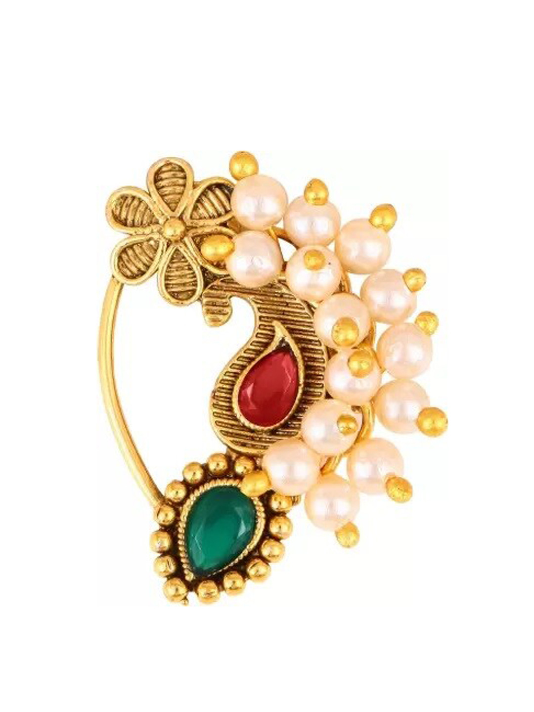 Vighnaharta Gold-Plated Stone-Studded & Pearl beaded Nosepin