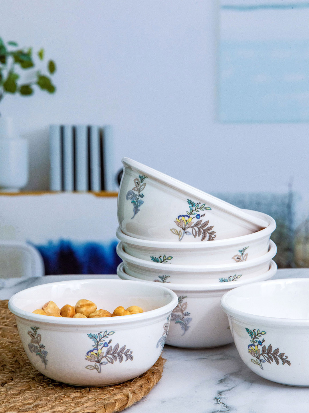 Servewell Urmi White 6 Pieces Ethnic Motifs Printed Melamine Glossy Bowls