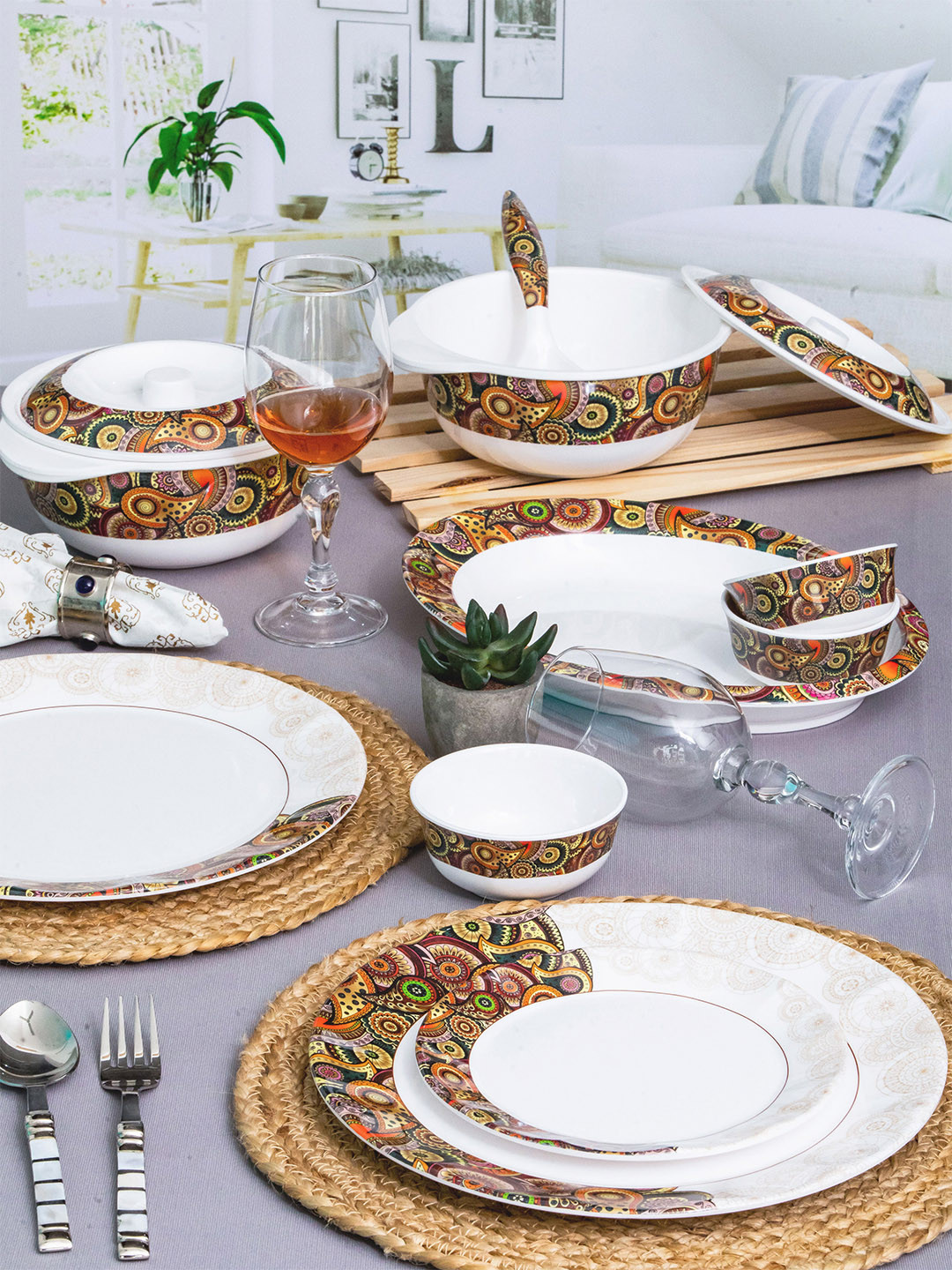 Servewell Dora White & Brown 31 Pieces Ethnic Motifs Printed Melamine Glossy Dinner Set