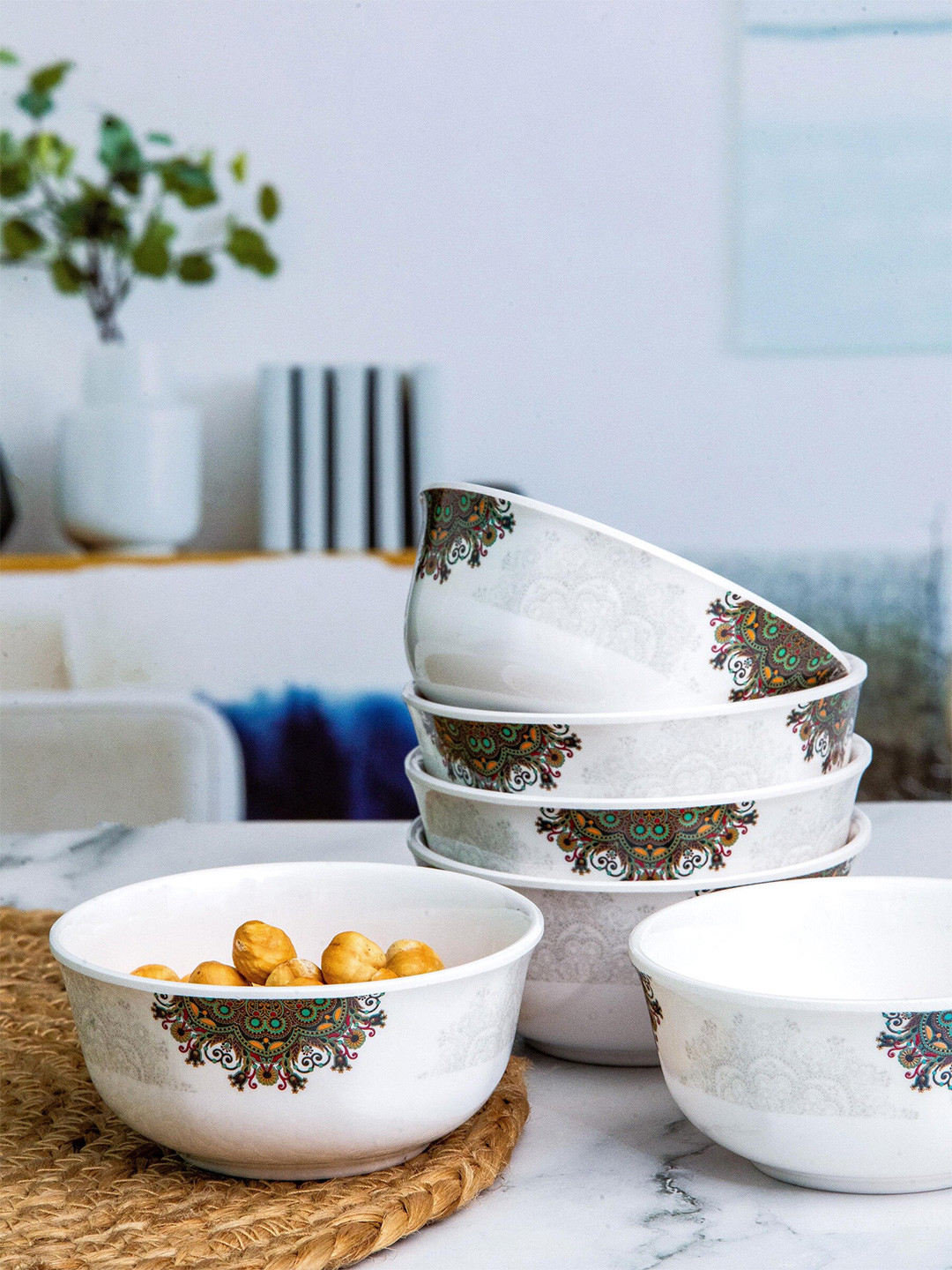 Servewell Dora White 6 Pieces Ethnic Motifs Printed Melamine Glossy Bowls