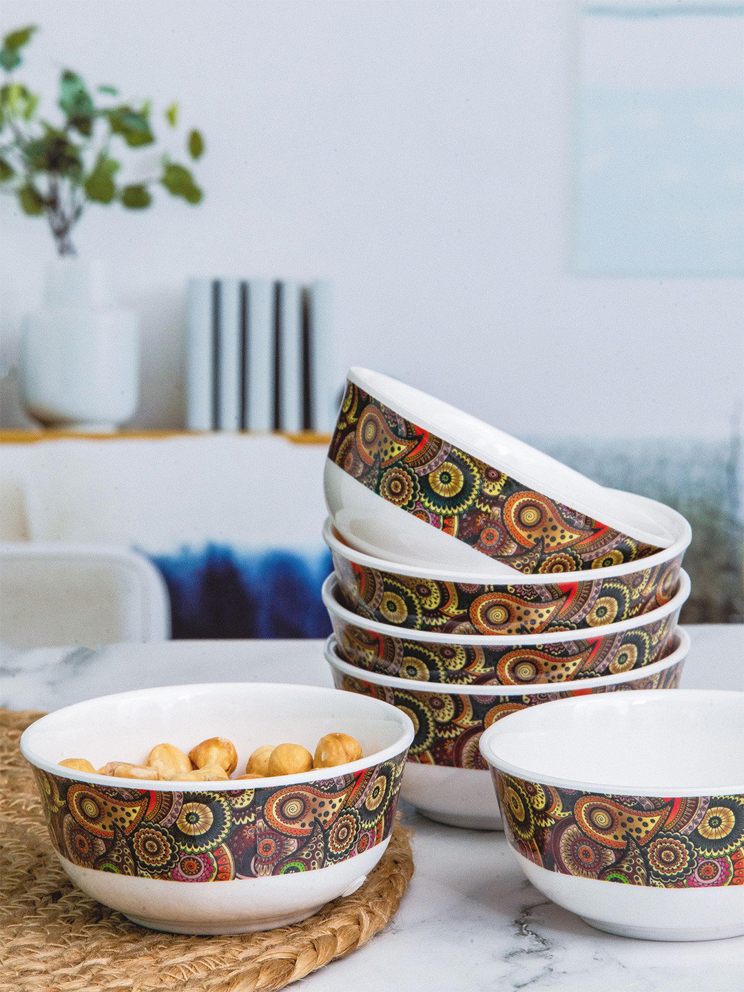 Servewell Dora White & Brown 6 Pieces Ethnic Motifs Printed Melamine Glossy Bowls