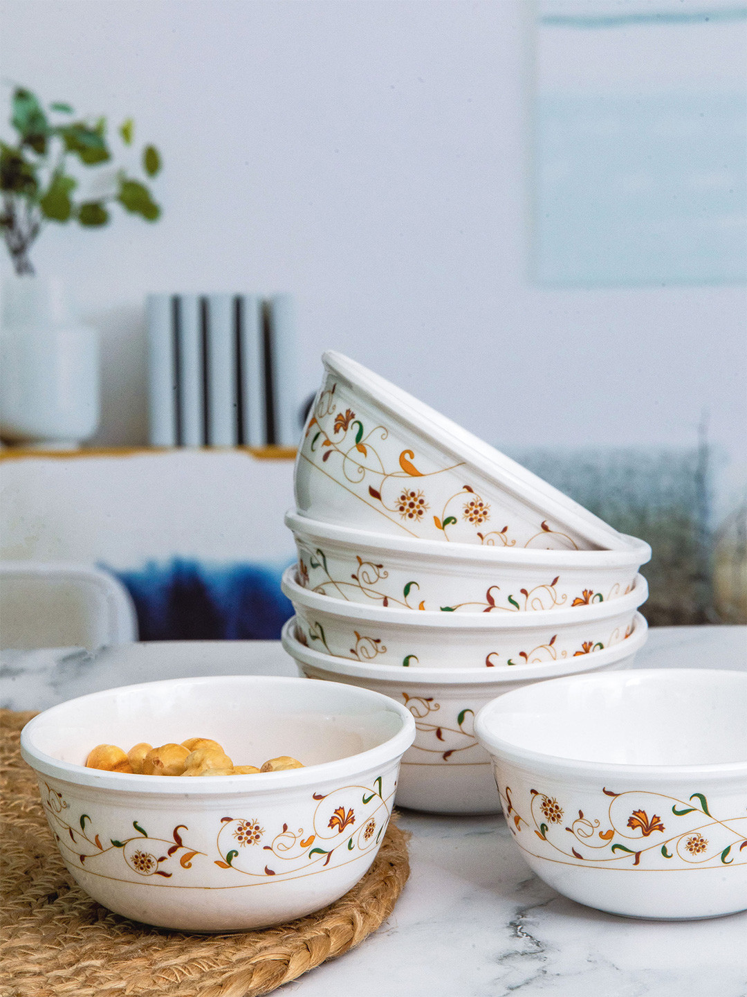 Servewell White & Red 6 Pieces Ethnic Motifs Printed Melamine Glossy Bowls