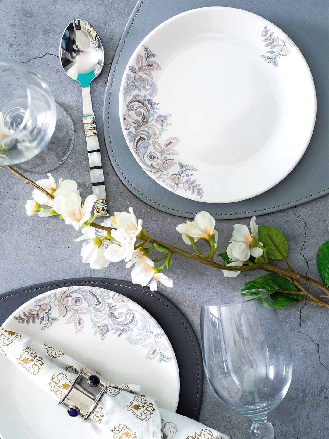 Servewell Urmi White & Purple 6 Pieces Ethnic Motifs Printed Melamine Glossy Plates