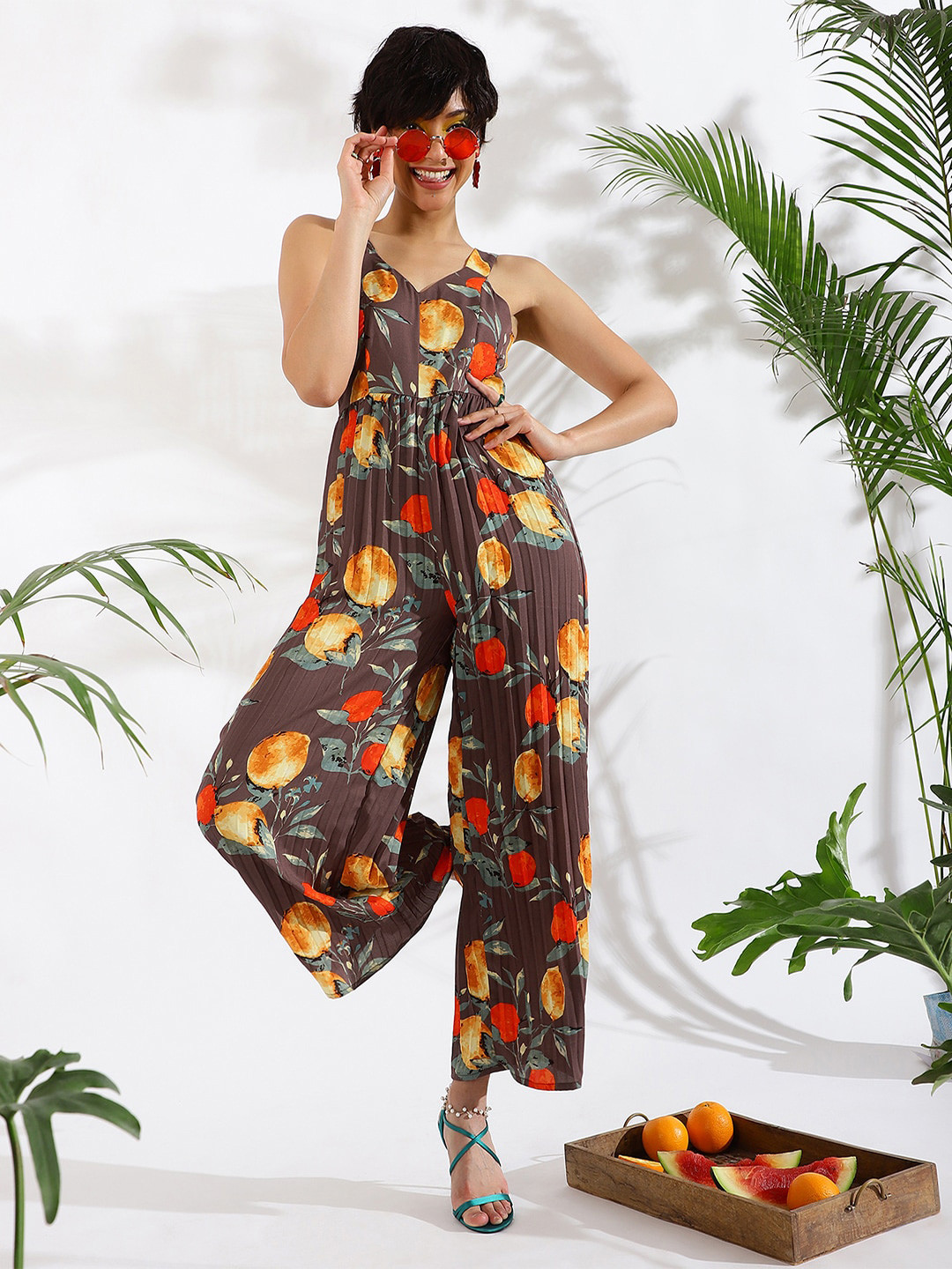 KASSUALLY Mauve & Red Printed Shoulder Straps Basic Jumpsuit