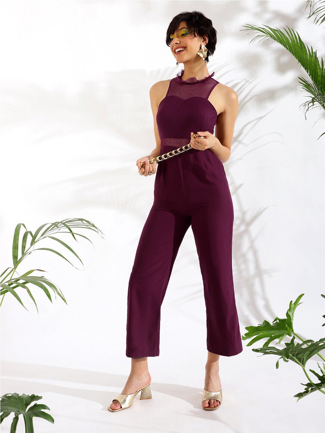KASSUALLY Burgundy Halter Neck Basic Jumpsuit with Ruffles