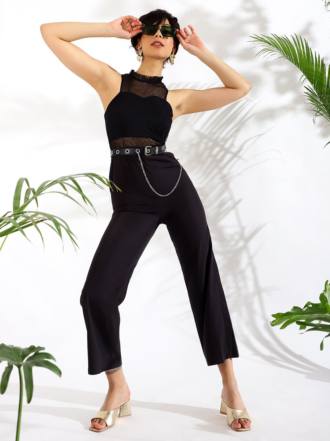 KASSUALLY Black Halter Neck Semi-Sheer Basic Jumpsuit
