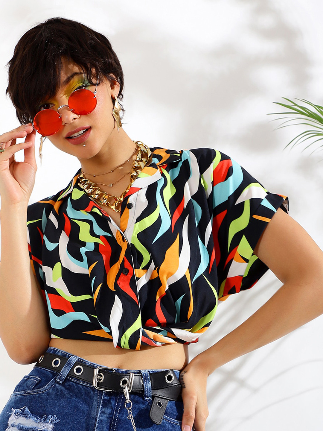 KASSUALLY Print Kimono Sleeve Crepe Boxy Top