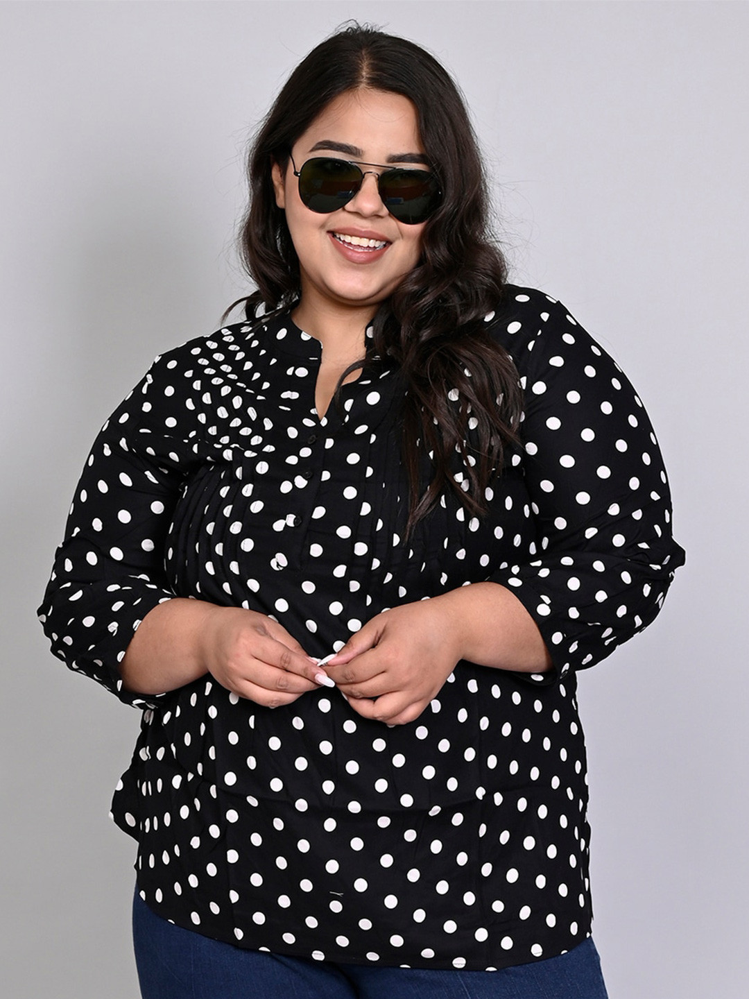 IX IMPRESSION Polka Dot Printed Mandarin Collar Pleated Top