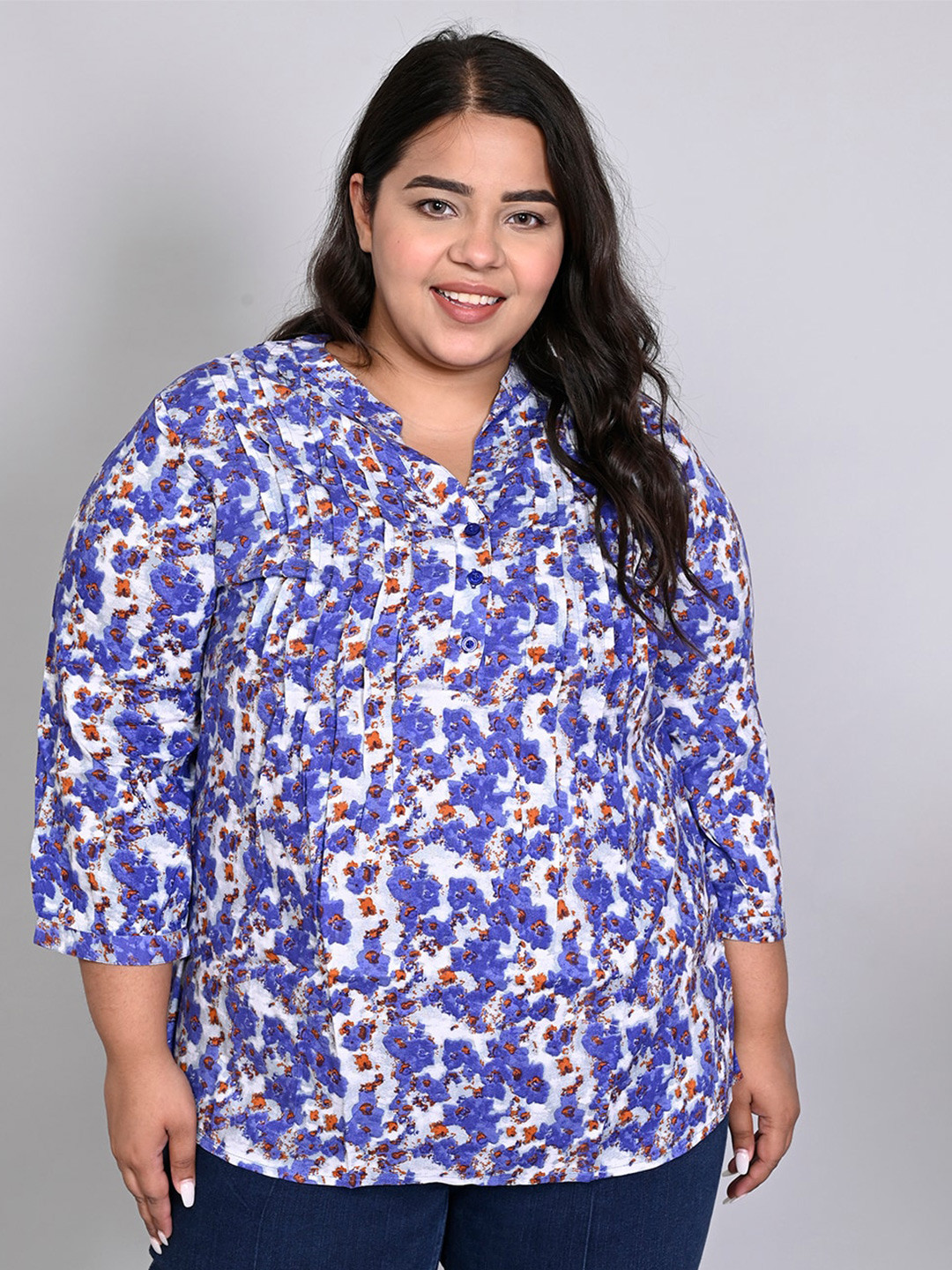 IX IMPRESSION Plus Size Floral Printed Mandarin Collar Regular Style Top
