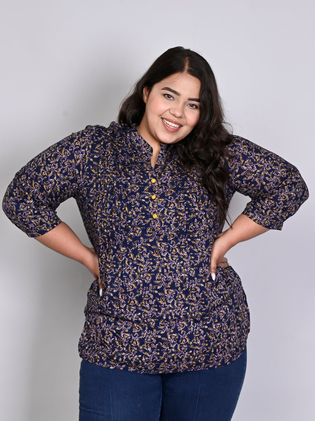IX IMPRESSION Plus Size Floral Print Mandarin Collar Top