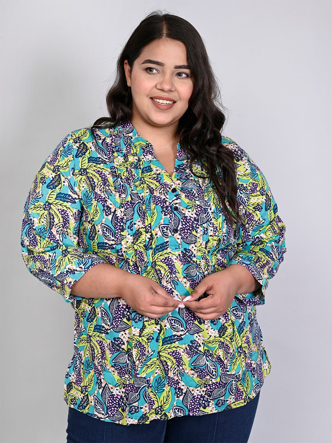 IX IMPRESSION Plus Size Floral Printed Mandarin Collar Top