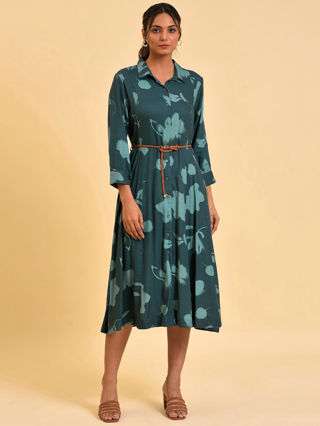 W Green Abstract Printed Shirt Collar Belted Shirt Midi Dress
