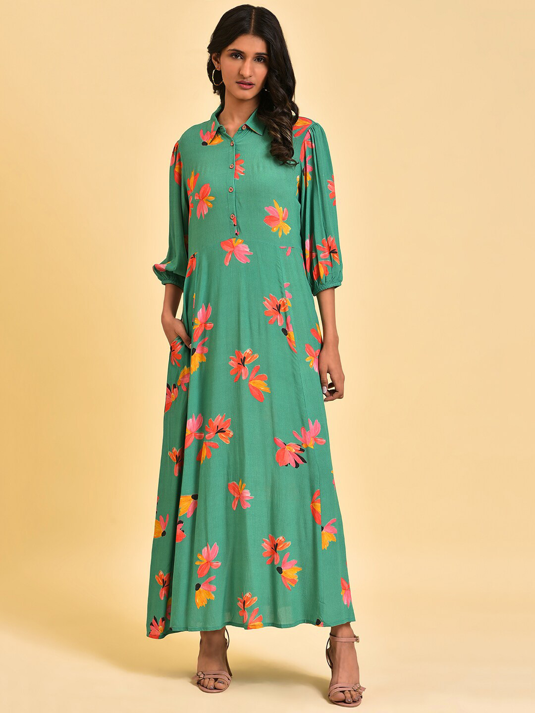 W Green Floral Printed Shirt Collar Maxi Dress