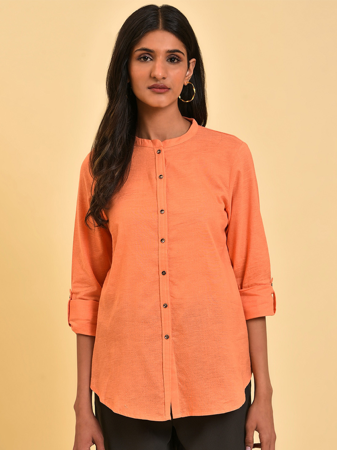 W Peach Mandarin Collar Roll-Up Sleeves Pure Cotton Shirt Style Top