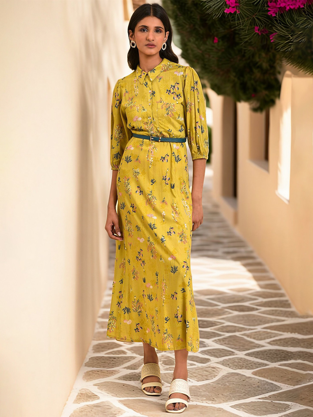 W Green Floral Printed Shirt Collar Neck Belted A-Line Midi Dress