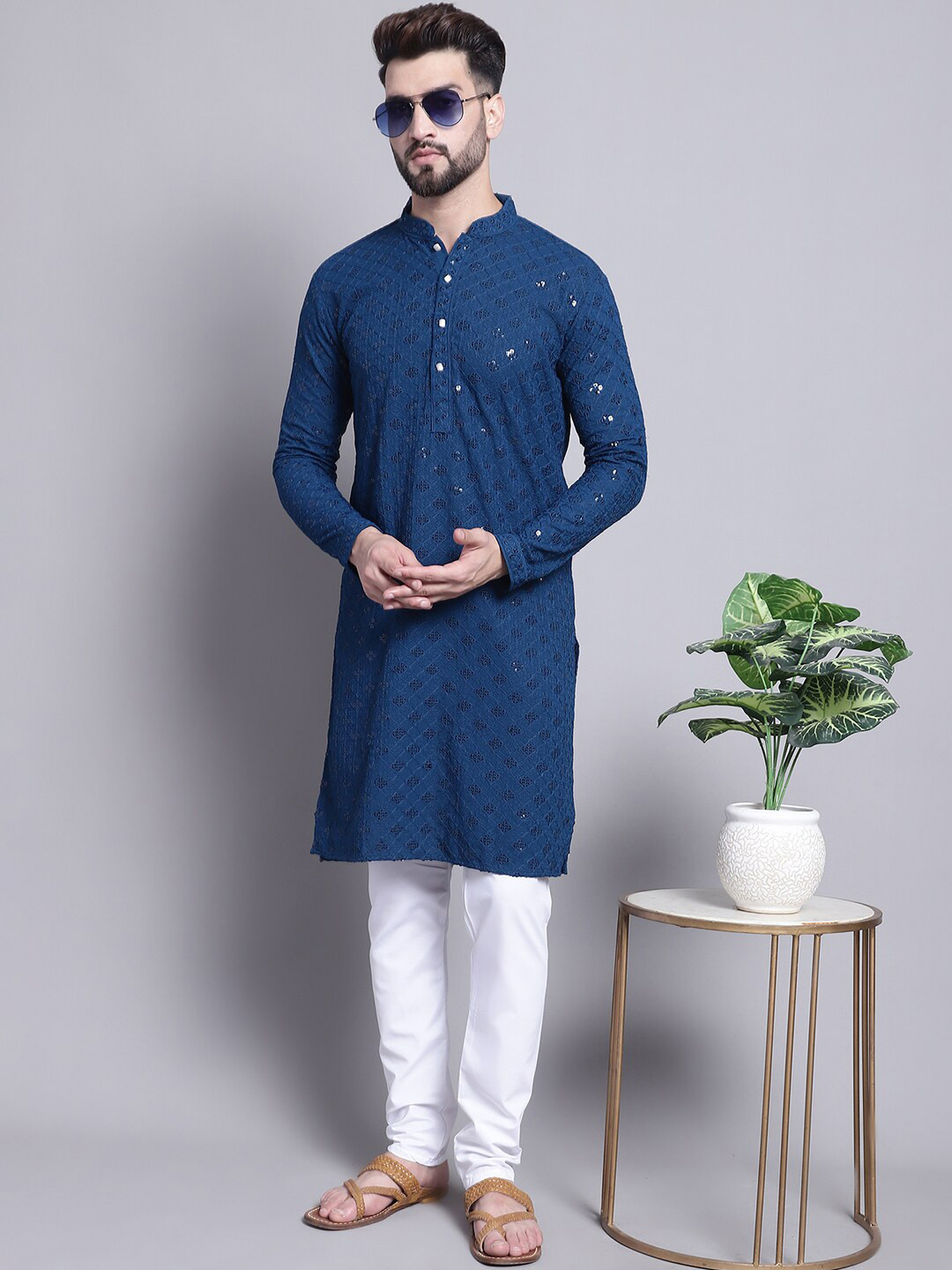 SOJANYA Ethnic Motifs Embroidered Sequinned Pure Cotton Kurta with Churidar