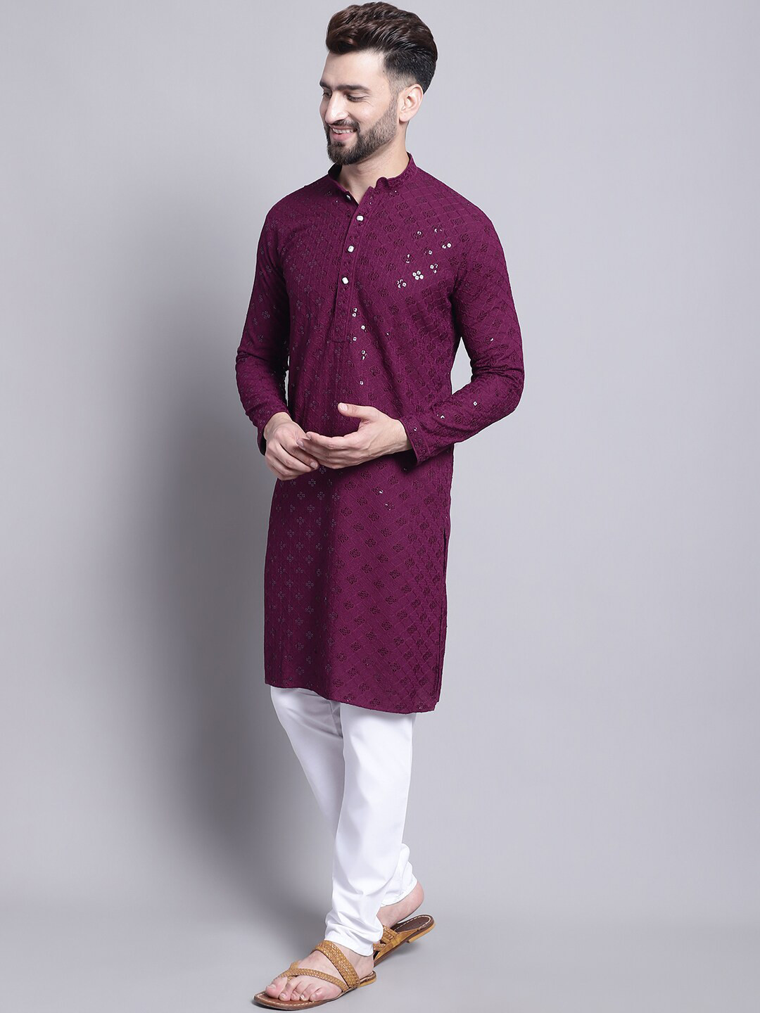 SOJANYA Ethnic Motifs Embroidered Sequined Pure Cotton Kurta with Churidar