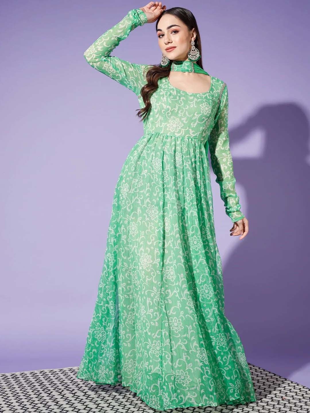 Cation Floral Printed Maxi Ethnic Dress With Dupatta - Ethnic Dresses for Women 23495816 | Myntra