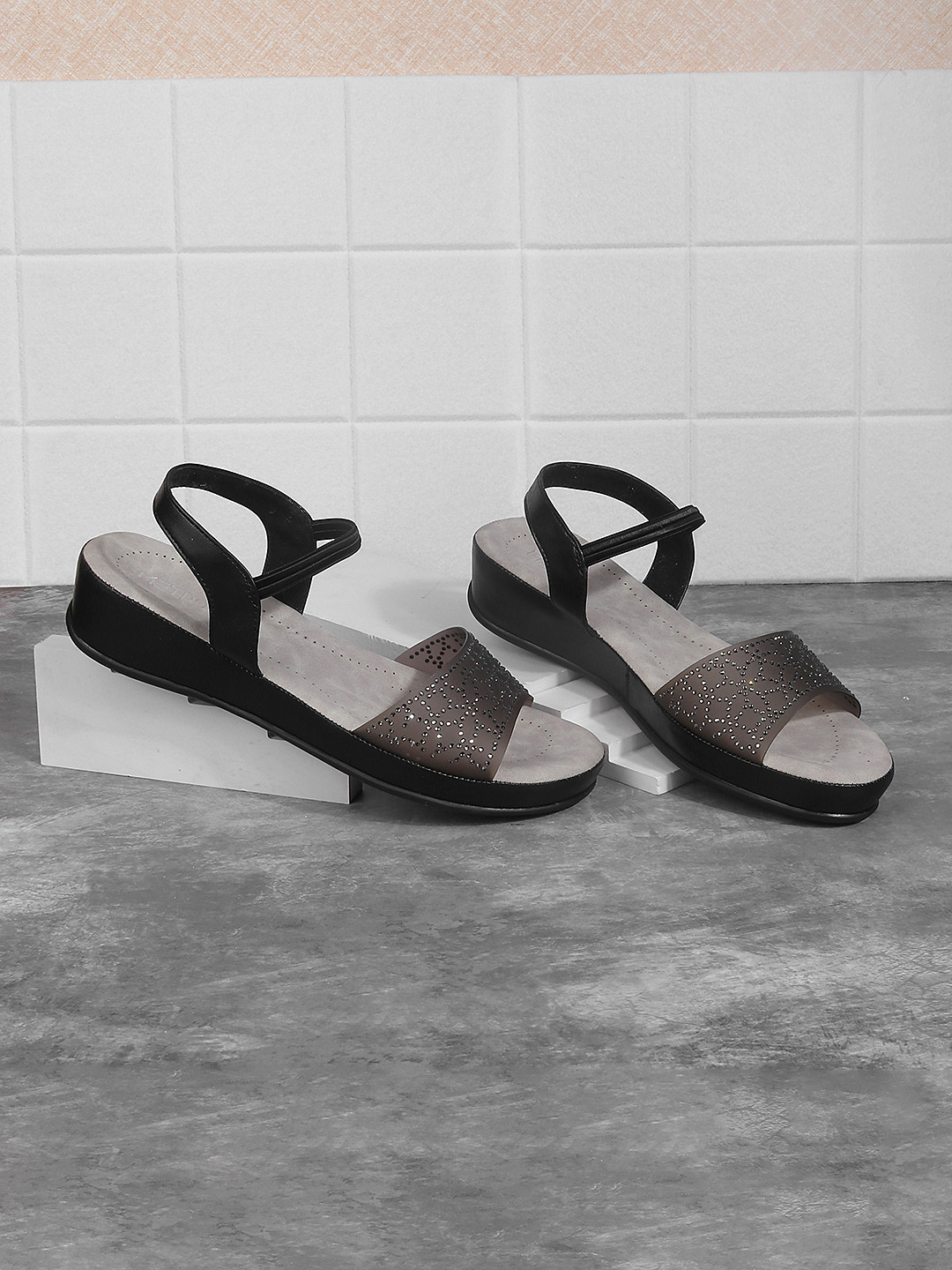 Metro Embellished Open Toe Wedges With Backstrap