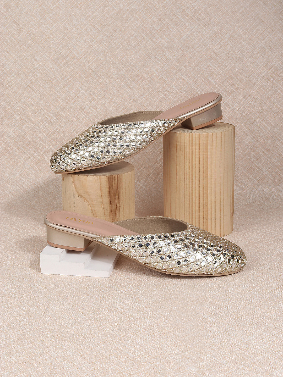 Metro Mirror Work Embroidered Block Heel Mules