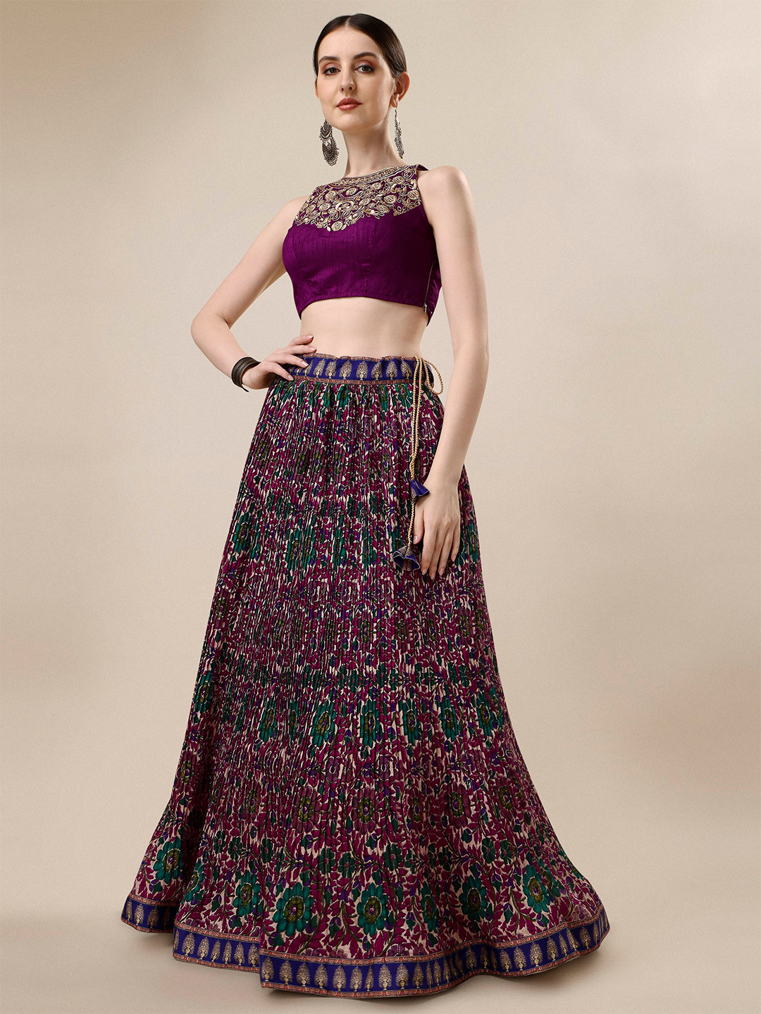 SAPTRANGI Printed Foil Print Semi-Stitched Lehenga & Unstitched Blouse With Dupatta
