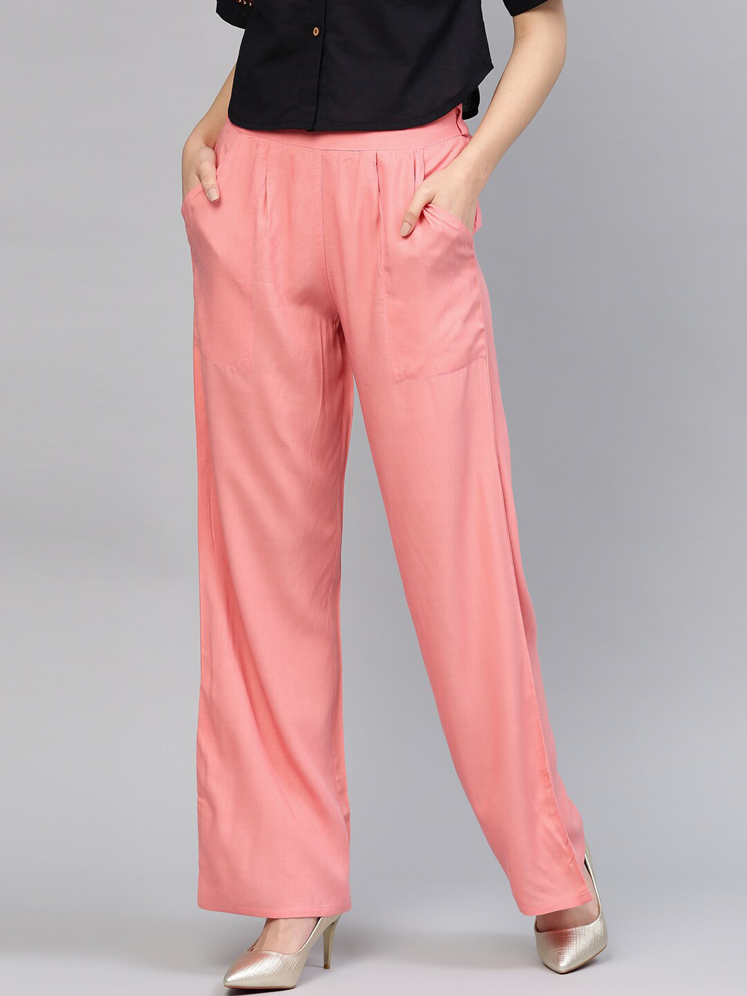 Jaipur Kurti Women Pink & Black Mid-Rise Palazzos