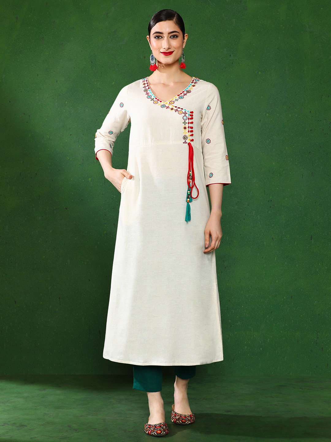 Jaipur Kurti Embroidered A-Line Cotton Blend Angrakha Kurta